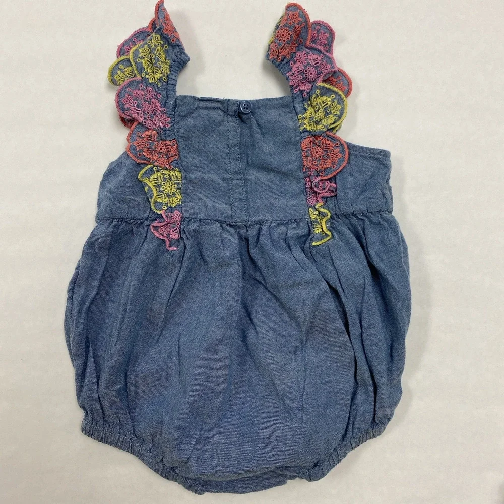 Old Navy Baby Girl Jean Romper Chambray Eyelet Ruffled 6-12 Months